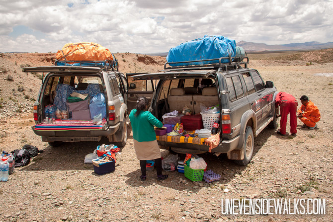 Eating lunch from the back of the land cruiser